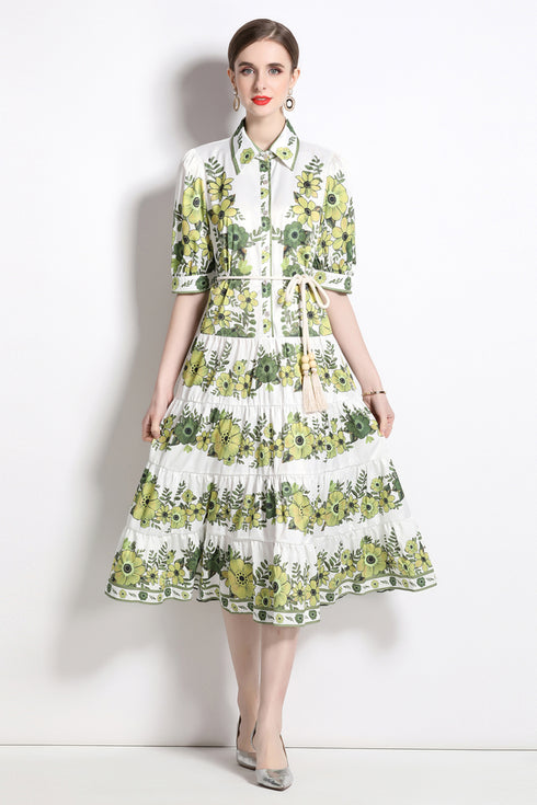 Runway Fashion Elegant Collared, Floral Print, Bubble sleeves Dress